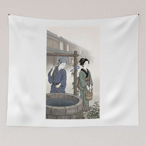 Item preview, Classic Edo Period Morning at Well with Morning Glories Ukiyo-e designed and sold by TokyoUkiyoHouse.