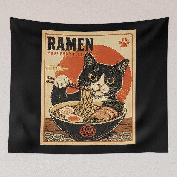 Item preview, Black Cat Eating Ramen Retro Japanese Style Poster designed and sold by eliramaison.