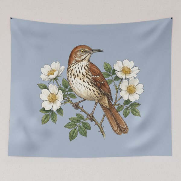 Item preview, Brown Thrasher Bird with White Wild Roses designed and sold by BirdsnStuff.