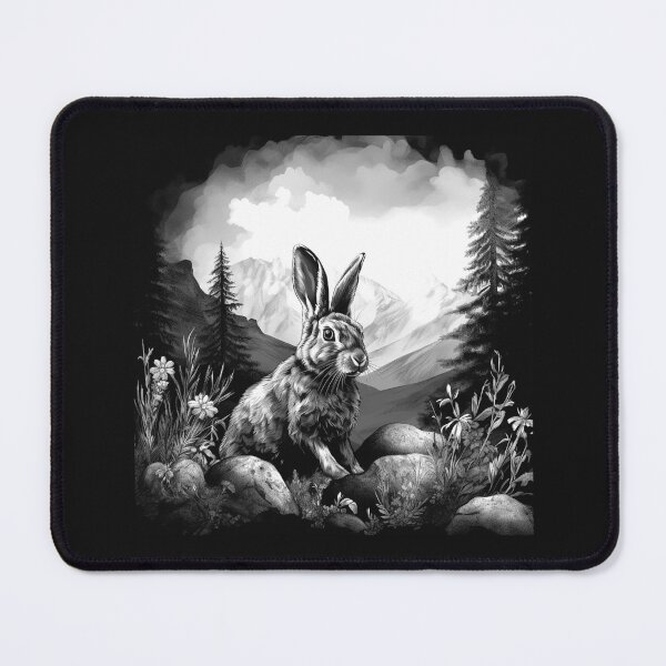 Item preview, Black and White Mountain Bunny Rabbit Landscape Art designed and sold by inkoutninja.