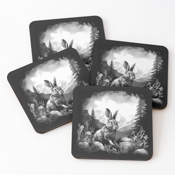 Item preview, Black and White Mountain Bunny Rabbit Landscape Art designed and sold by inkoutninja.