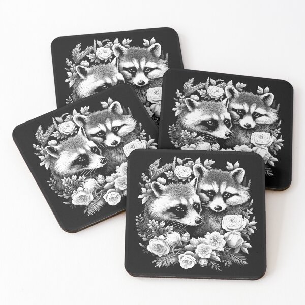 Item preview, Black and White Floral Raccoon Pair Art designed and sold by inkoutninja.