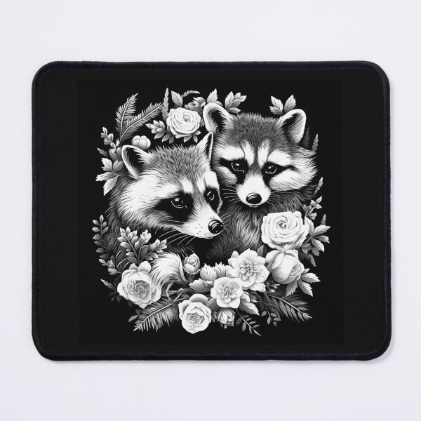 Item preview, Black and White Floral Raccoon Pair Art designed and sold by inkoutninja.