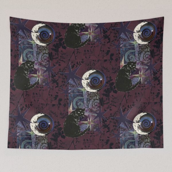 Item preview, Purple maroon whimsigoth aesthetic with cat, moon and stars aesthetic designed and sold by BrontesWhimsyStore.
