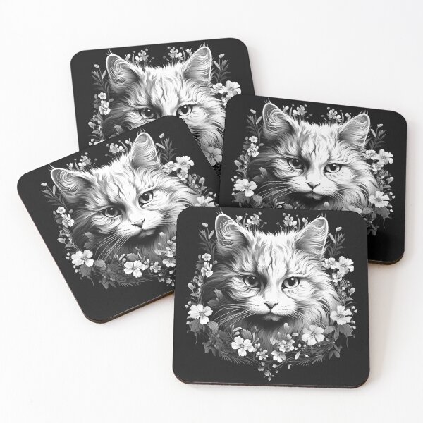 Item preview, Black and White Floral Cat Portrait Art designed and sold by inkoutninja.