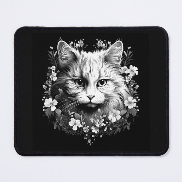Item preview, Black and White Floral Cat Portrait Art designed and sold by inkoutninja.