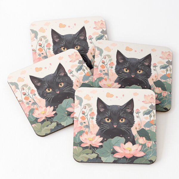 Item preview, Black Cat Among Pink Lotus Flowers – Elegant Floral Fantasy Illustration designed and sold by KiraChie.