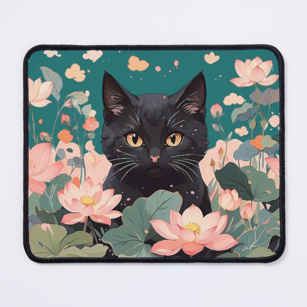Item preview, Black Cat Among Pink Lotus Flowers – Elegant Floral Fantasy Illustration designed and sold by KiraChie.
