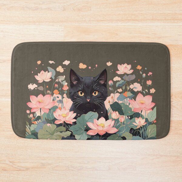 Item preview, Black Cat Among Pink Lotus Flowers – Elegant Floral Fantasy Illustration designed and sold by KiraChie.