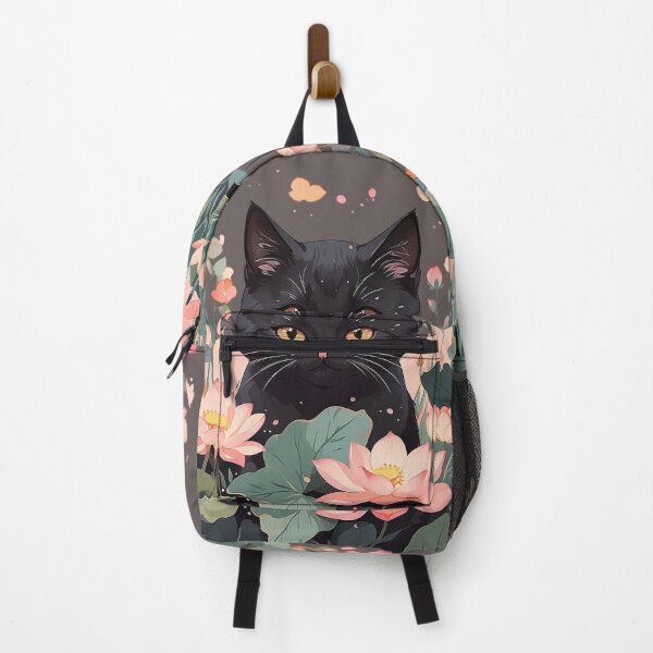 Item preview, Black Cat Among Pink Lotus Flowers – Elegant Floral Fantasy Illustration designed and sold by KiraChie.