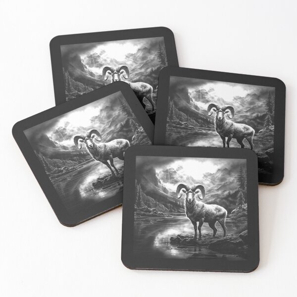 Item preview, Black and White Mountain Ram Wildlife Landscape Art designed and sold by inkoutninja.