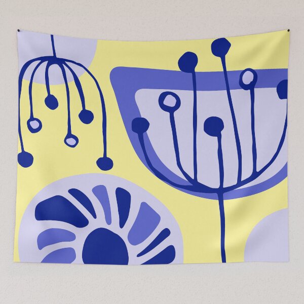 Item preview, Mid-Century Modern Abstract Blue Lilac Floral On Yellow designed and sold by DEC02.