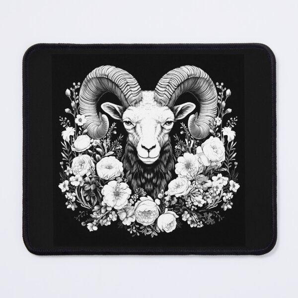 Item preview, Black and White Floral Ram Portrait Art designed and sold by inkoutninja.
