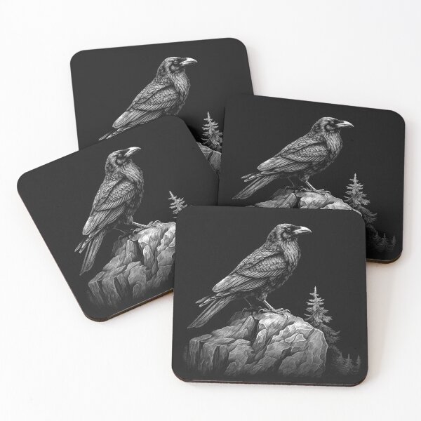 Item preview, Black and White Raven on Mountain Rocks Art designed and sold by inkoutninja.