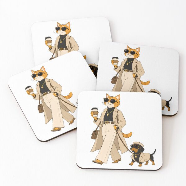 Item preview, Coffee Walk Chic – Fashion Cat & Stylish Dachshund designed and sold by filou designs.