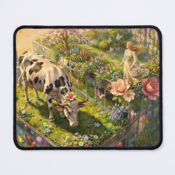 Item preview, Modern Shepherdess Grazing a Cow in an Urban Wildflower Meadow at Sunset designed and sold by M-Y-A-R-T-.