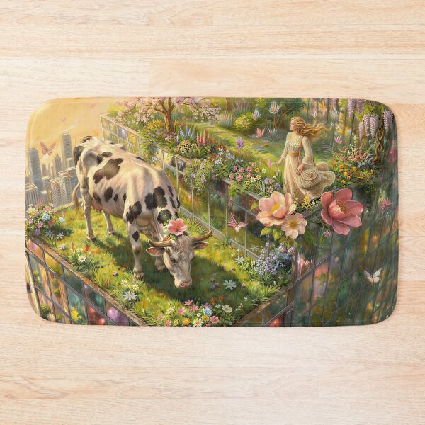 Item preview, Modern Shepherdess Grazing a Cow in an Urban Wildflower Meadow at Sunset designed and sold by M-Y-A-R-T-.