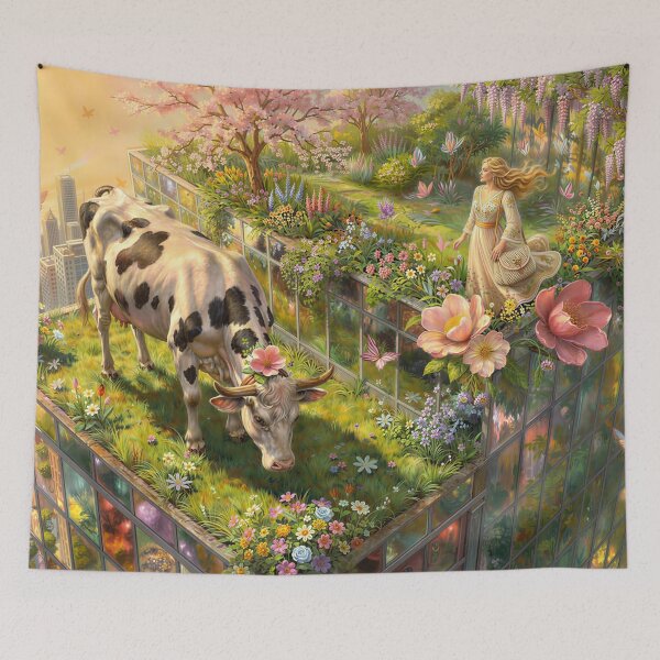 Item preview, Modern Shepherdess Grazing a Cow in an Urban Wildflower Meadow at Sunset designed and sold by M-Y-A-R-T-.