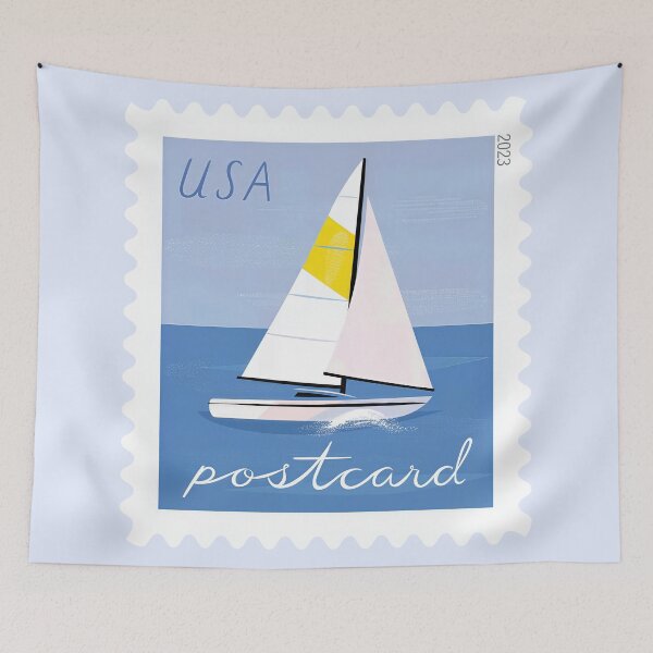 Item preview, USA stamp Minimalist Sailboat on Blue Ocean Graphic Art designed and sold by Schulz Lightprint Studio.