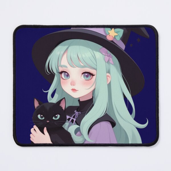 Item preview, Cute Anime Witch Girl with Fluffy Black Cat Art designed and sold by Soluna Studio.