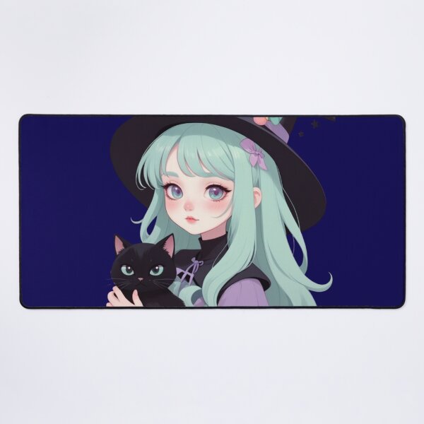 Item preview, Cute Anime Witch Girl with Fluffy Black Cat Art designed and sold by Soluna Studio.