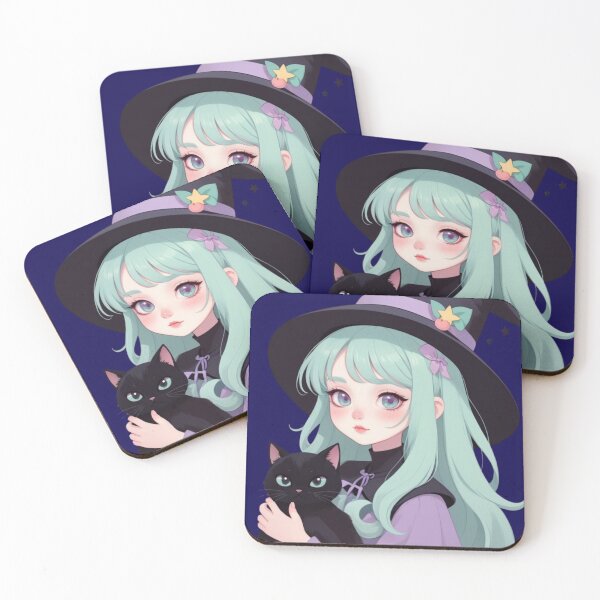 Item preview, Cute Anime Witch Girl with Fluffy Black Cat Art designed and sold by Soluna Studio.
