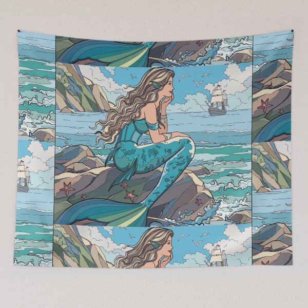 Item preview, ​Vintage Mermaid Ocean Sunset - Retro Aesthetic Sea Witch Art designed and sold by crystalar95.