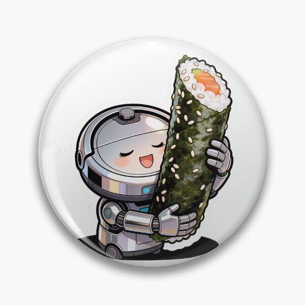 Item preview, Happy Robot Vacuum Hugging Giant Sushi Roll – Cute Cartoon Food Robot Art designed and sold by OksArtStudio.