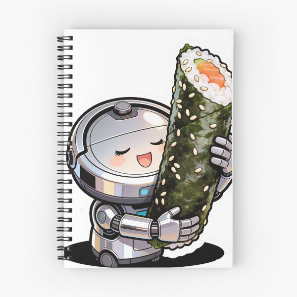 Item preview, Happy Robot Vacuum Hugging Giant Sushi Roll – Cute Cartoon Food Robot Art designed and sold by OksArtStudio.