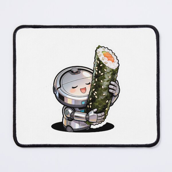 Item preview, Happy Robot Vacuum Hugging Giant Sushi Roll – Cute Cartoon Food Robot Art designed and sold by OksArtStudio.