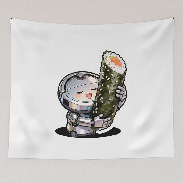 Item preview, Happy Robot Vacuum Hugging Giant Sushi Roll – Cute Cartoon Food Robot Art designed and sold by OksArtStudio.