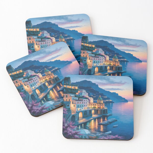 Item preview, Amalfi Blue Hour Coastal Village Art – Luxury Twilight Mediterranean Wall Print designed and sold by Tamas Das.