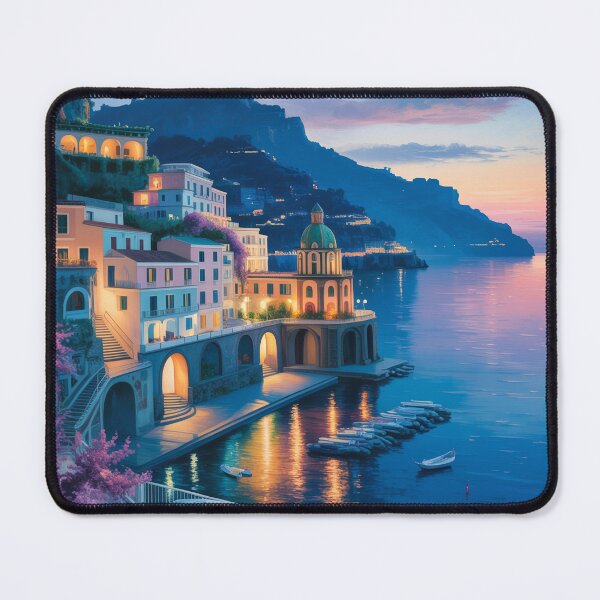 Item preview, Amalfi Blue Hour Coastal Village Art – Luxury Twilight Mediterranean Wall Print designed and sold by Tamas Das.