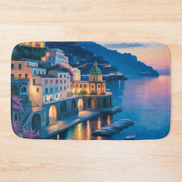 Item preview, Amalfi Blue Hour Coastal Village Art – Luxury Twilight Mediterranean Wall Print designed and sold by Tamas Das.