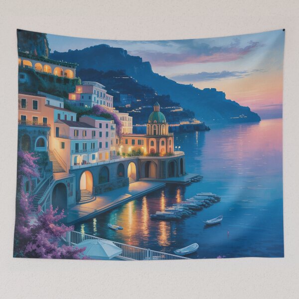 Item preview, Amalfi Blue Hour Coastal Village Art – Luxury Twilight Mediterranean Wall Print designed and sold by Tamas Das.