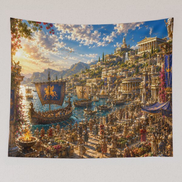 Item preview, Ancient Greek Harbor at Sunset – Vibrant Classical Metropolis with Triremes and Temples designed and sold by RockyLambda.