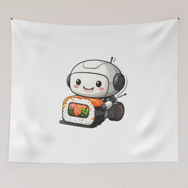 Item preview, Delicious Sushi Roll with Salmon – Cute Happy Robot Hugging Japanese Food designed and sold by OksArtStudio.