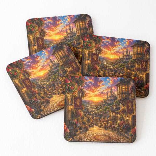 Item preview, Enchanted Medieval Village Sunset Canvas | Vibrant Fantasy Castle Landscape Art designed and sold by RockyLambda.
