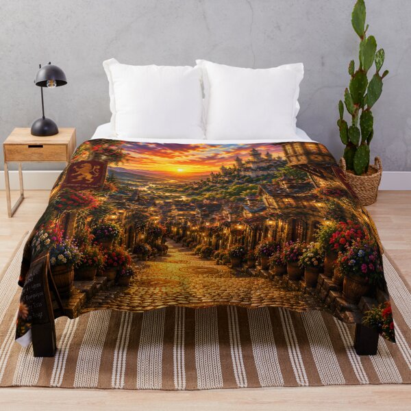 Item preview, Enchanted Medieval Village Sunset Canvas | Vibrant Fantasy Castle Landscape Art designed and sold by RockyLambda.