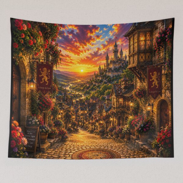 Item preview, Enchanted Medieval Village Sunset Canvas | Vibrant Fantasy Castle Landscape Art designed and sold by RockyLambda.