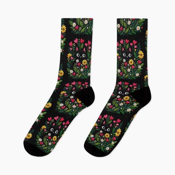 Item preview, Black Cat Heart Flowers Embroidery designed and sold by ColorSplash123.