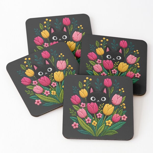 Item preview, Black Cat Tulip Garden Embroidery designed and sold by ColorSplash123.