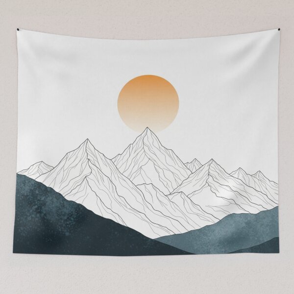 Item preview, Mountain Line Art with Orange Sun Abstract Landscape designed and sold by TheDenimArt.
