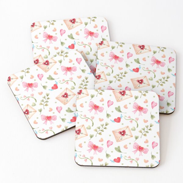 Item preview, Cute romantic watercolor pattern featuring pink bows, love letters, tiny hearts, leafy branches, and whimsical Valentine details on a dark background. designed and sold by White Rabbit Design .