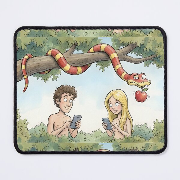 Item preview, Adam and Eve Funny Cartoon | Addicted to Smartphones Illustration | Funny Social Media Satire Art designed and sold by SergioMiklos.