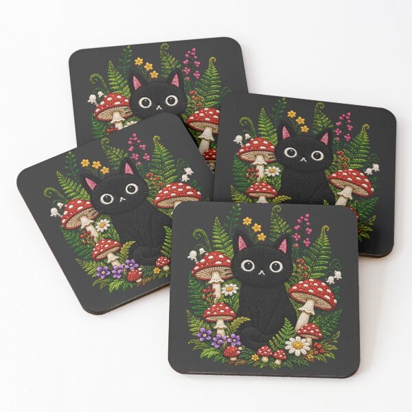 Item preview, Black Cat Mushroom Forest Embroidery designed and sold by ColorSplash123.