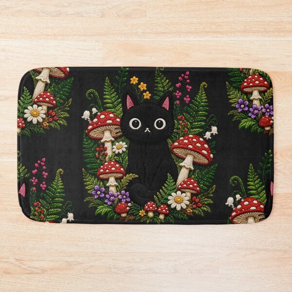 Item preview, Black Cat Mushroom Forest Embroidery designed and sold by ColorSplash123.