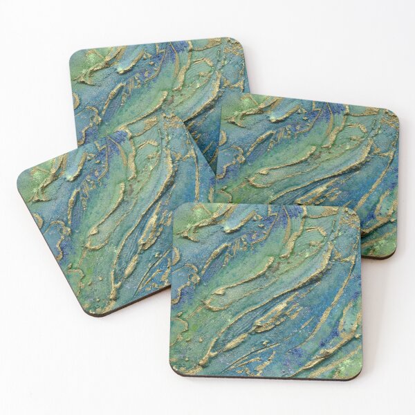Item preview, Aerial Shoreline – Abstract Turquoise Sea and Gold Enamel Art designed and sold by Cass Harker Studio.