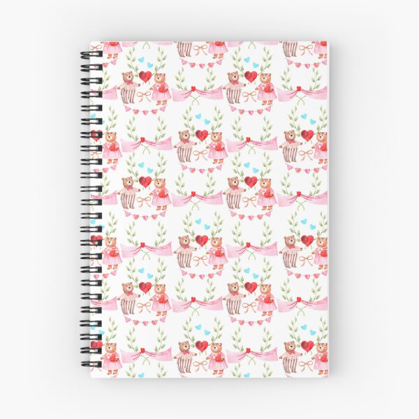 Item preview, Adorable watercolor Valentine pattern featuring cute teddy bear couples, pink ribbons, heart garlands, leafy branches, and romantic pastel details on a dark background designed and sold by Sasha Zinch Design.