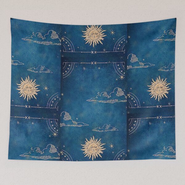 Item preview, blue whimsigoth with yellow sun and moon with clouds designed and sold by BrontesWhimsyStore.
